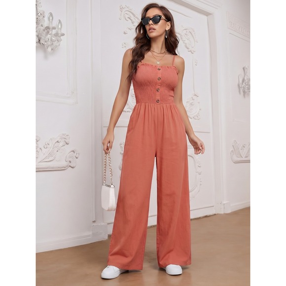 Love Tree Pants - Love Tree Spaghetti Strap Flowy Orange Smocked Bodice Jumpsuit Small